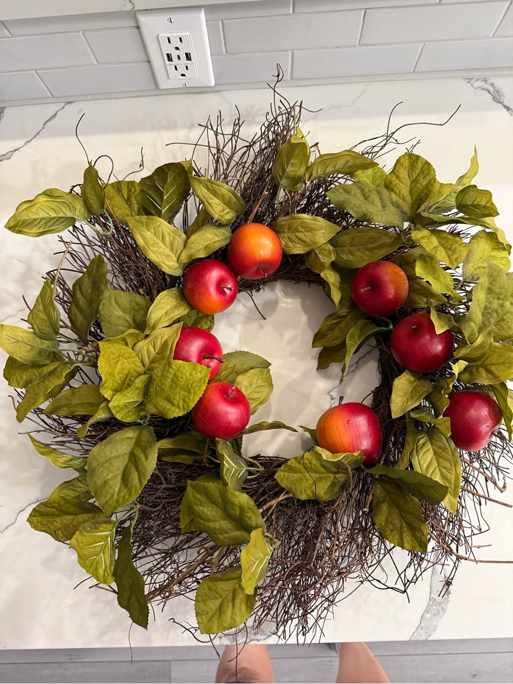 Apple Wreath with Green Leaves and Twig Base 19”